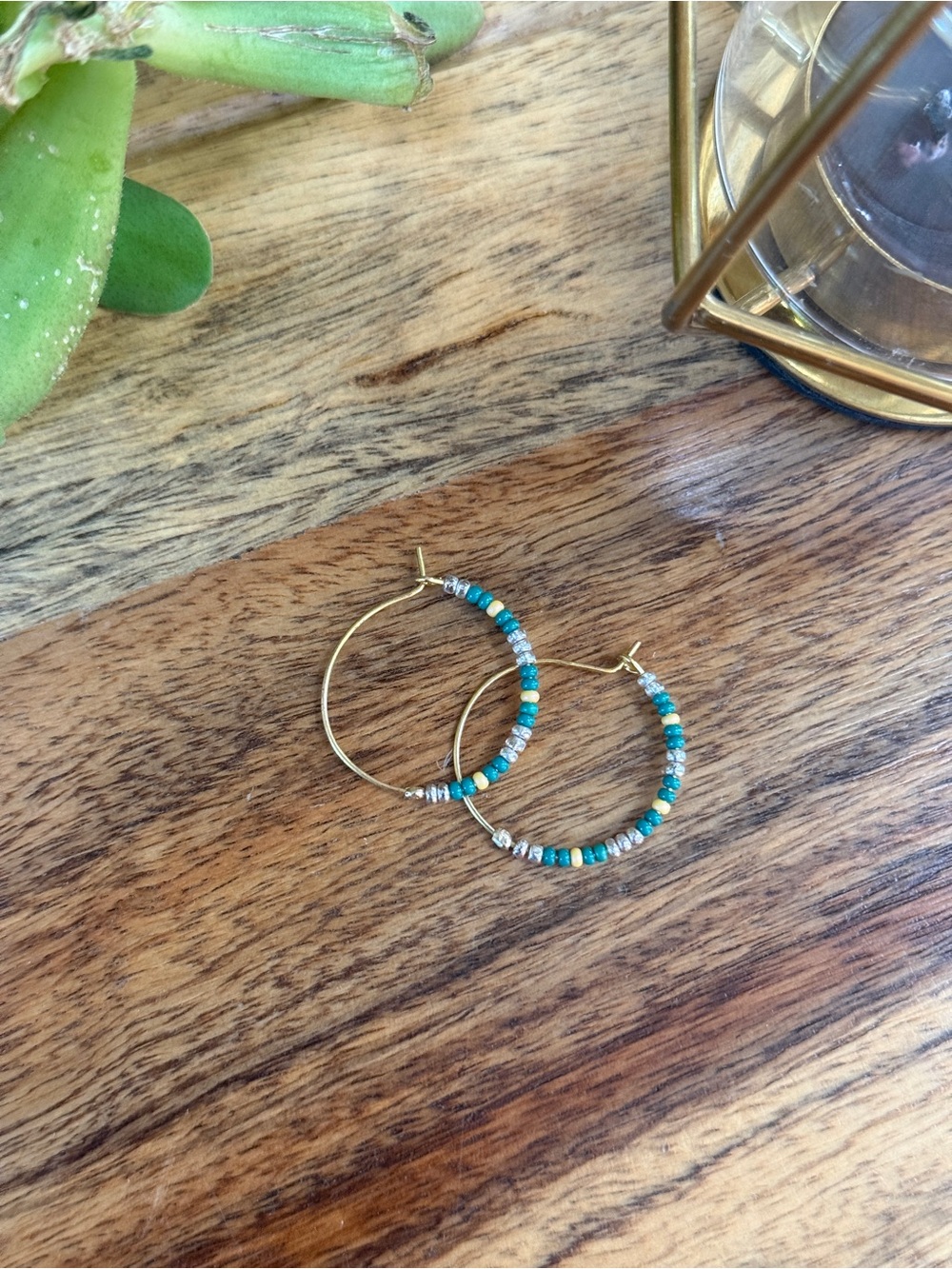 Gold Hoop Earrings with Turquoise and Silver Beads